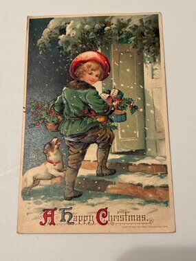 Antique 1911 Max Feinberg Christmas Postcard With Child Dog & Snow Scene